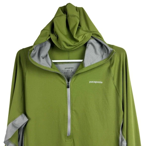 Patagonia Men's Long Sleeve Half Zip Hoodie Olive Green Running Top - Medium - Picture 2 of 8